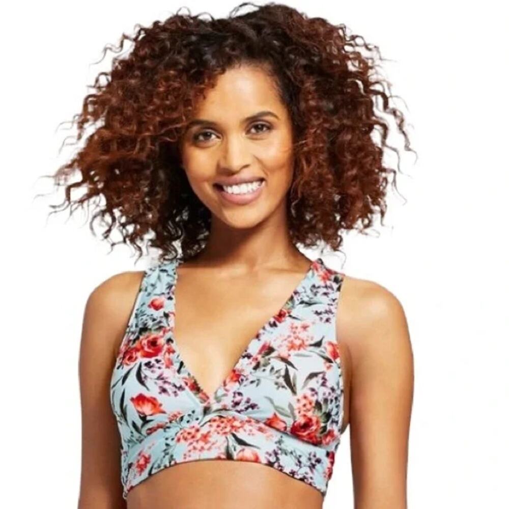 Mossimo Blue Floral Ruffle Trim Bikini Swim Bathing Suit Top Women's Size Large